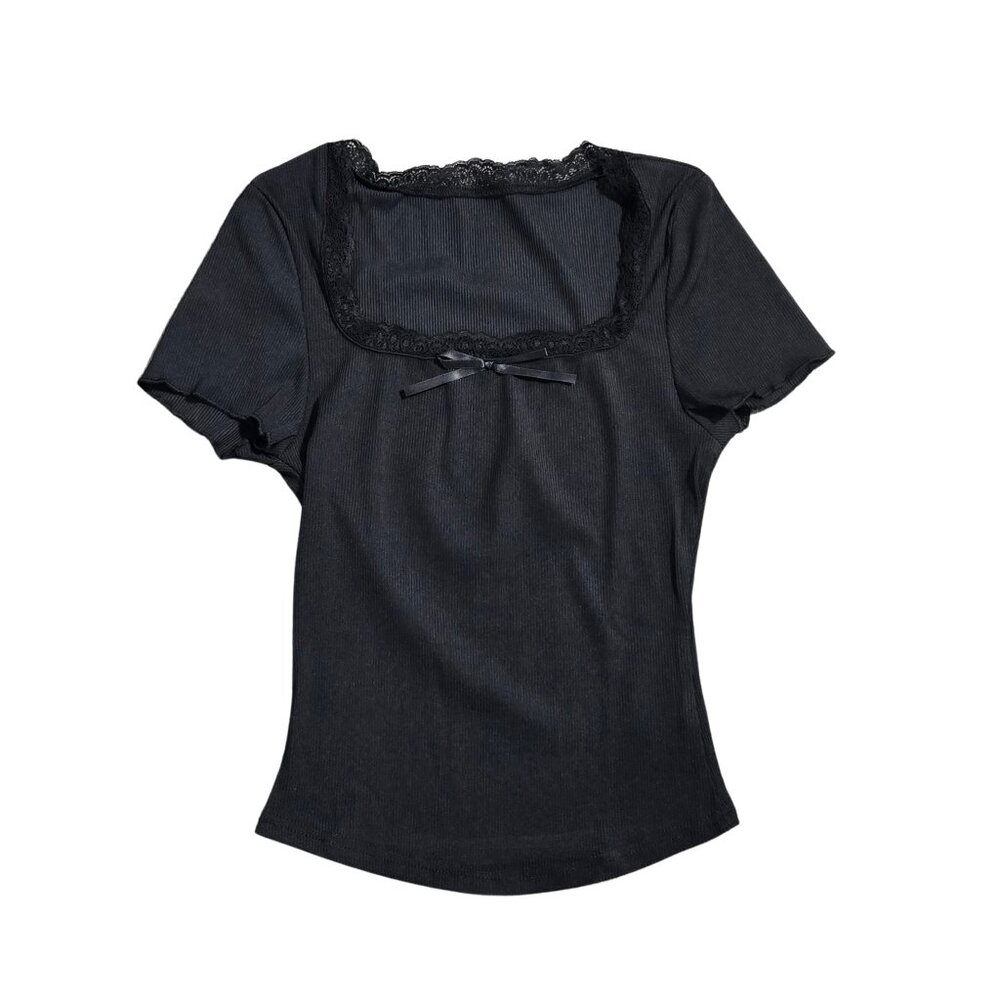 NWOT | Square Neck Ribbed Top | Lace Trim & Bow Detail | Onyx Black | XS